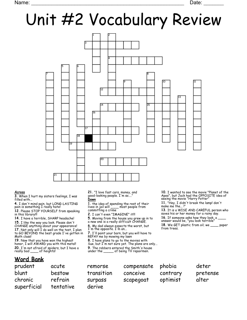 Unit #2 Vocabulary Review Crossword
