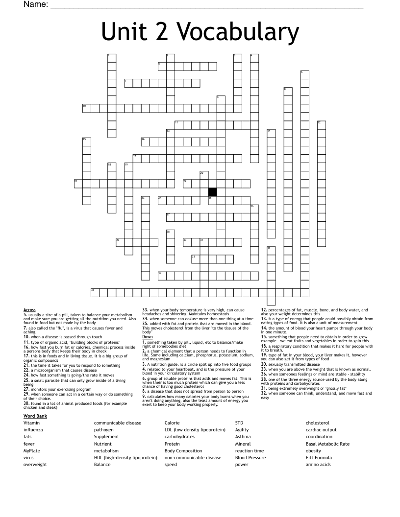 Unit 2 Vocabulary  Crossword