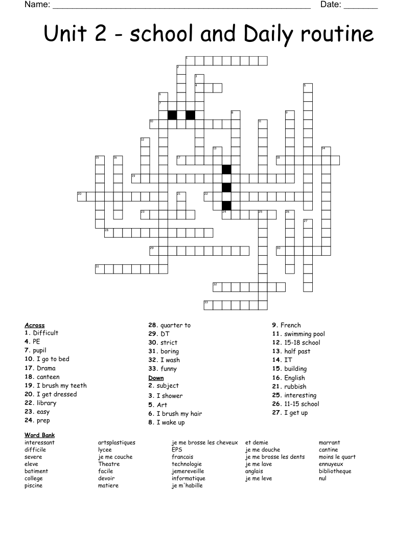 Unit 2 - school and Daily routine Crossword