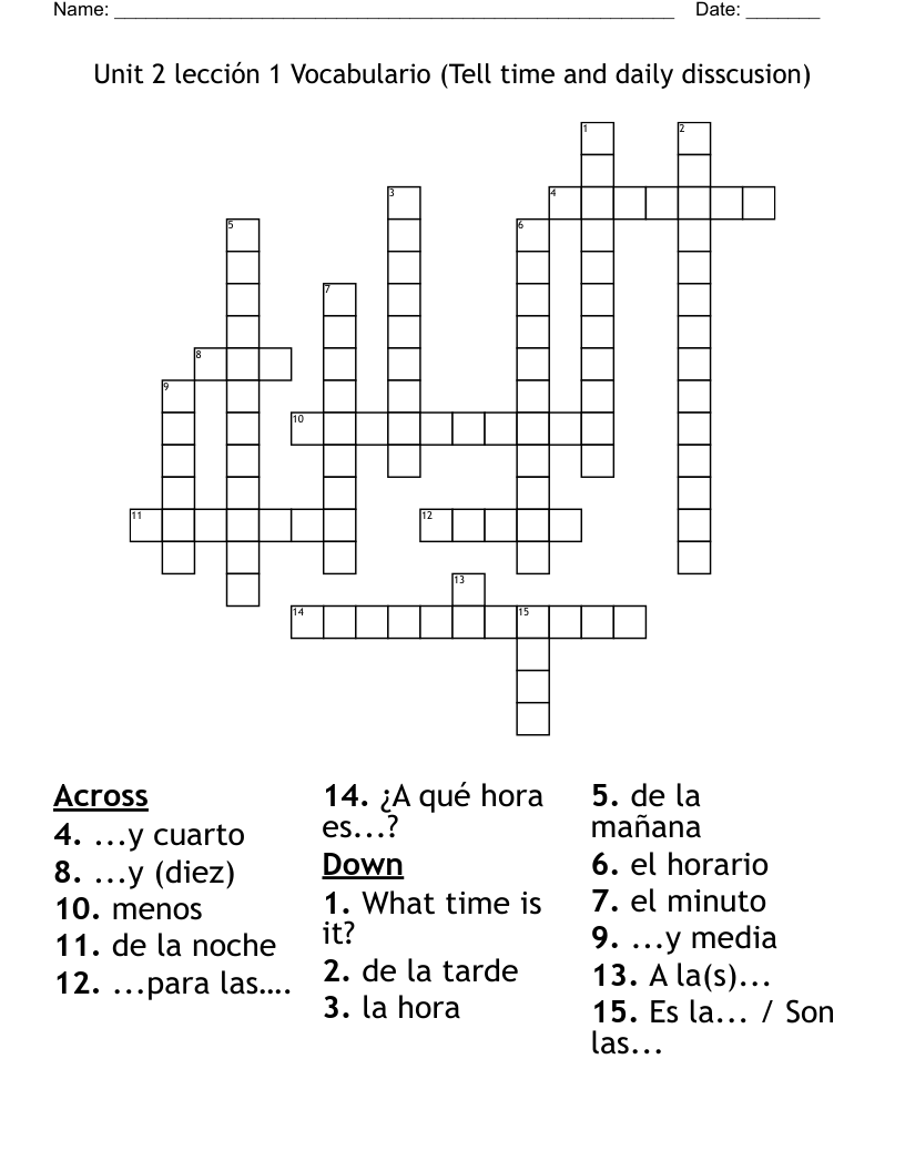 Unit 2 lección 1 Vocabulario (Tell time and daily disscusion) Crossword