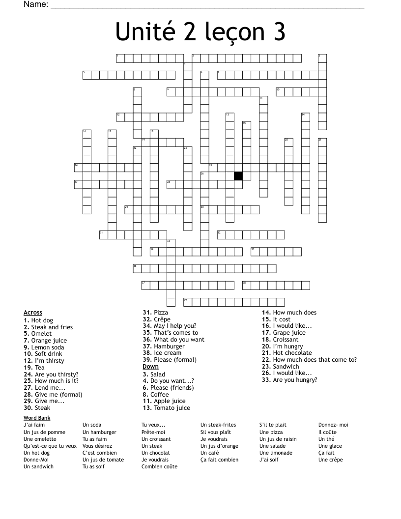 Unité 2 leçon 3 Crossword