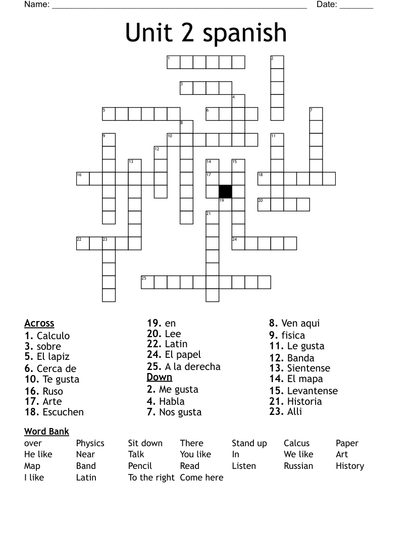 Unit 2 spanish  Crossword