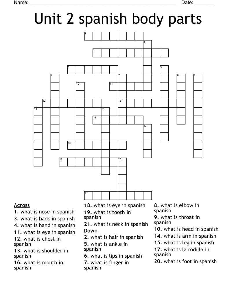 Unit 2 spanish body parts  Crossword