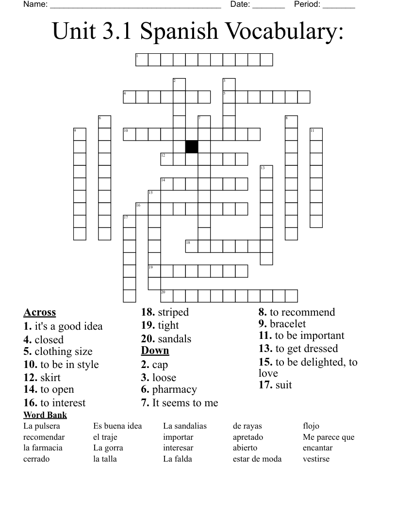 Unit 3.1 Spanish Vocabulary: Crossword