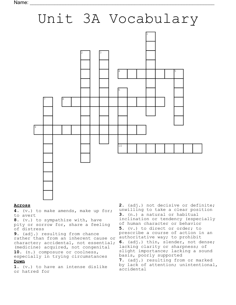 Unit 3A Vocabulary Crossword