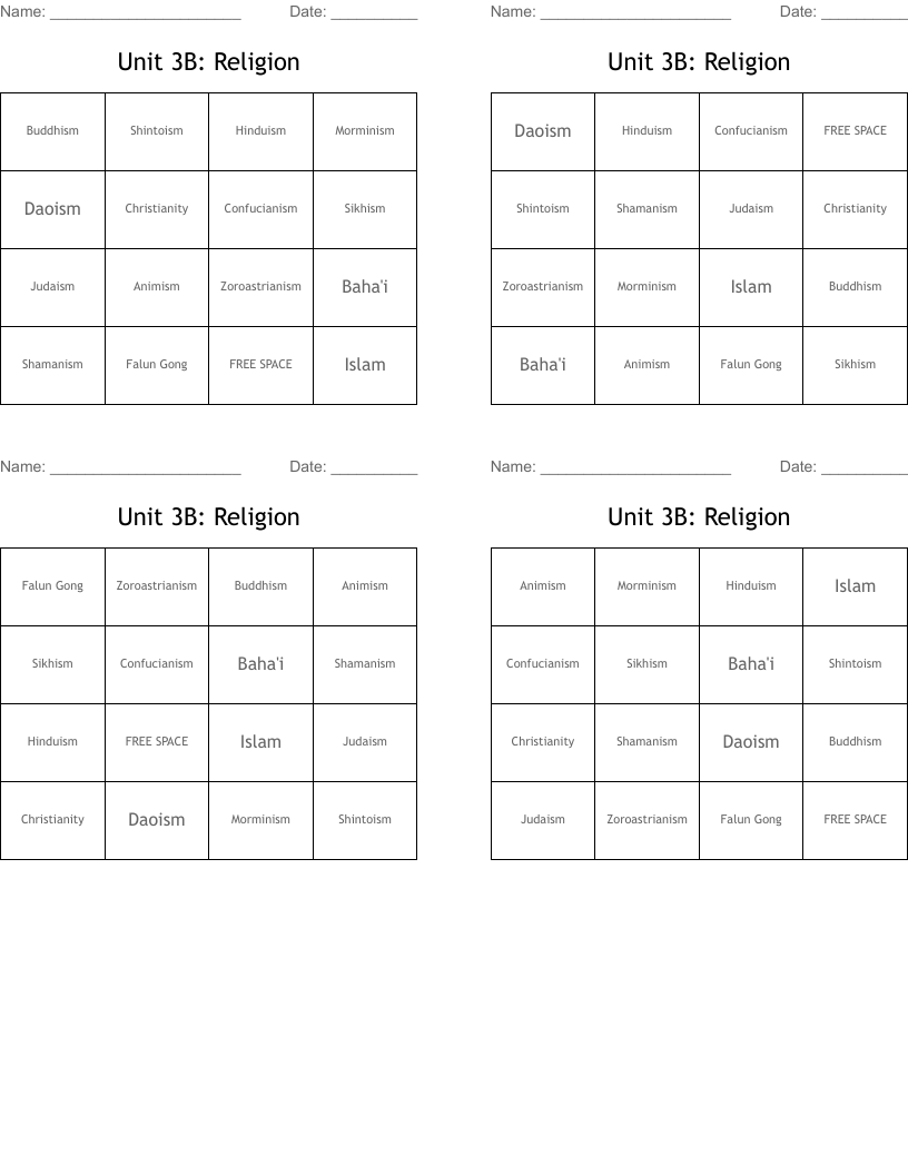 Unit 3B: Religion  Bingo Cards
