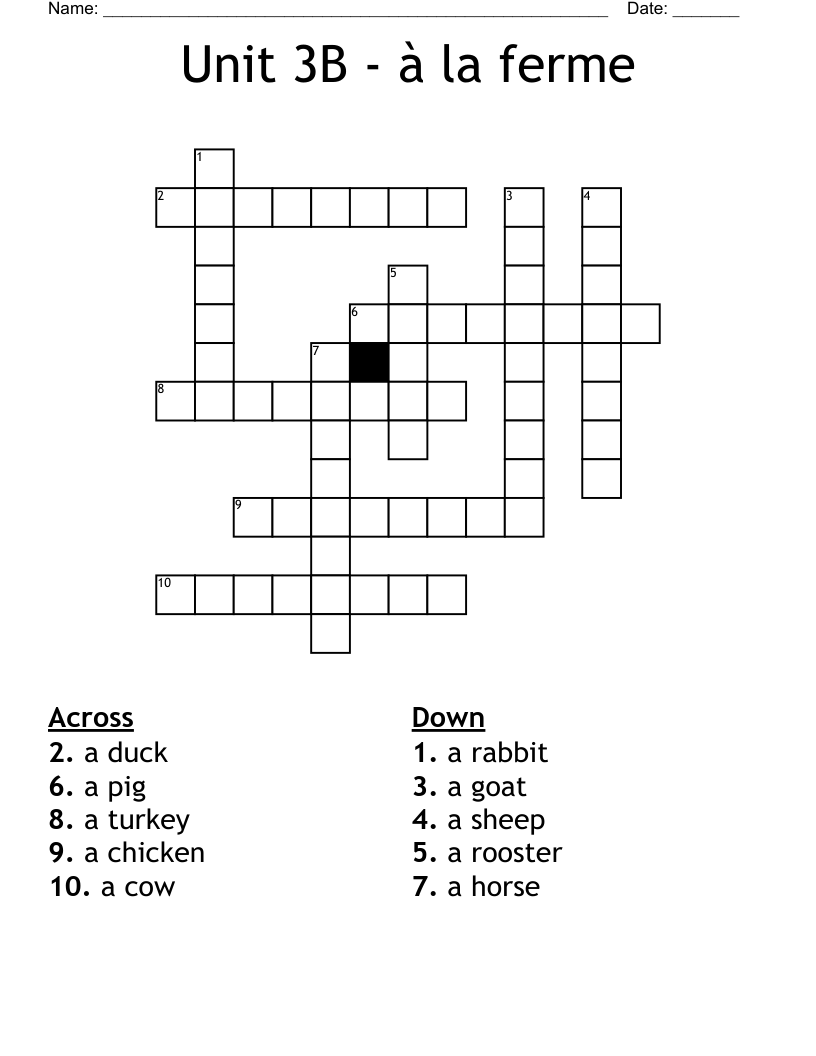 Unit 3B - à la ferme Crossword