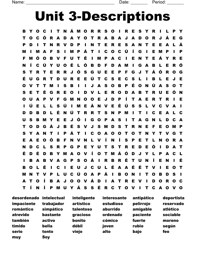 Unit 3-Descriptions  Word Search