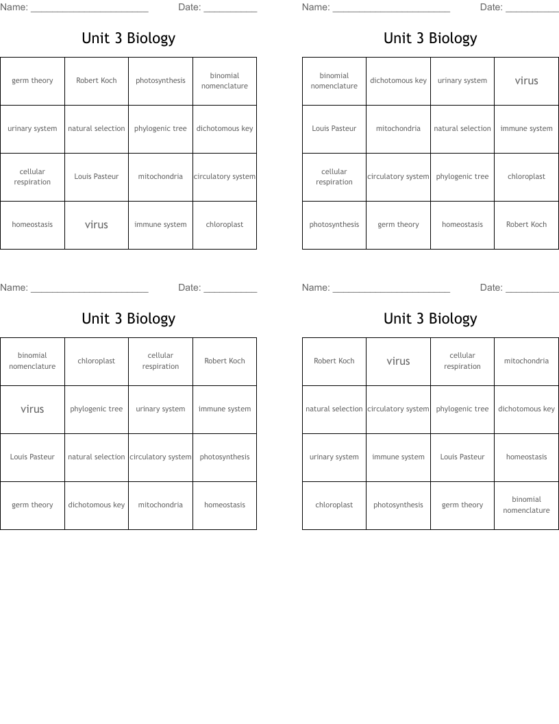 Unit 3 Biology Bingo Cards
