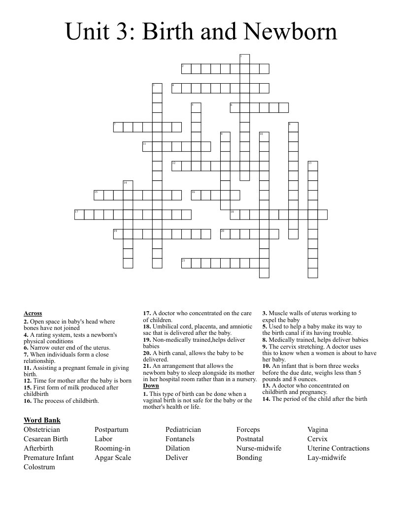 Unit 3: Birth and Newborn Crossword