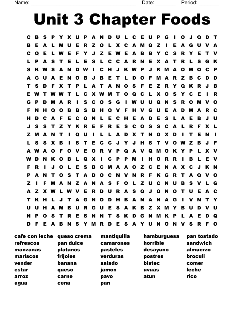 Unit 3 Chapter Foods Word Search