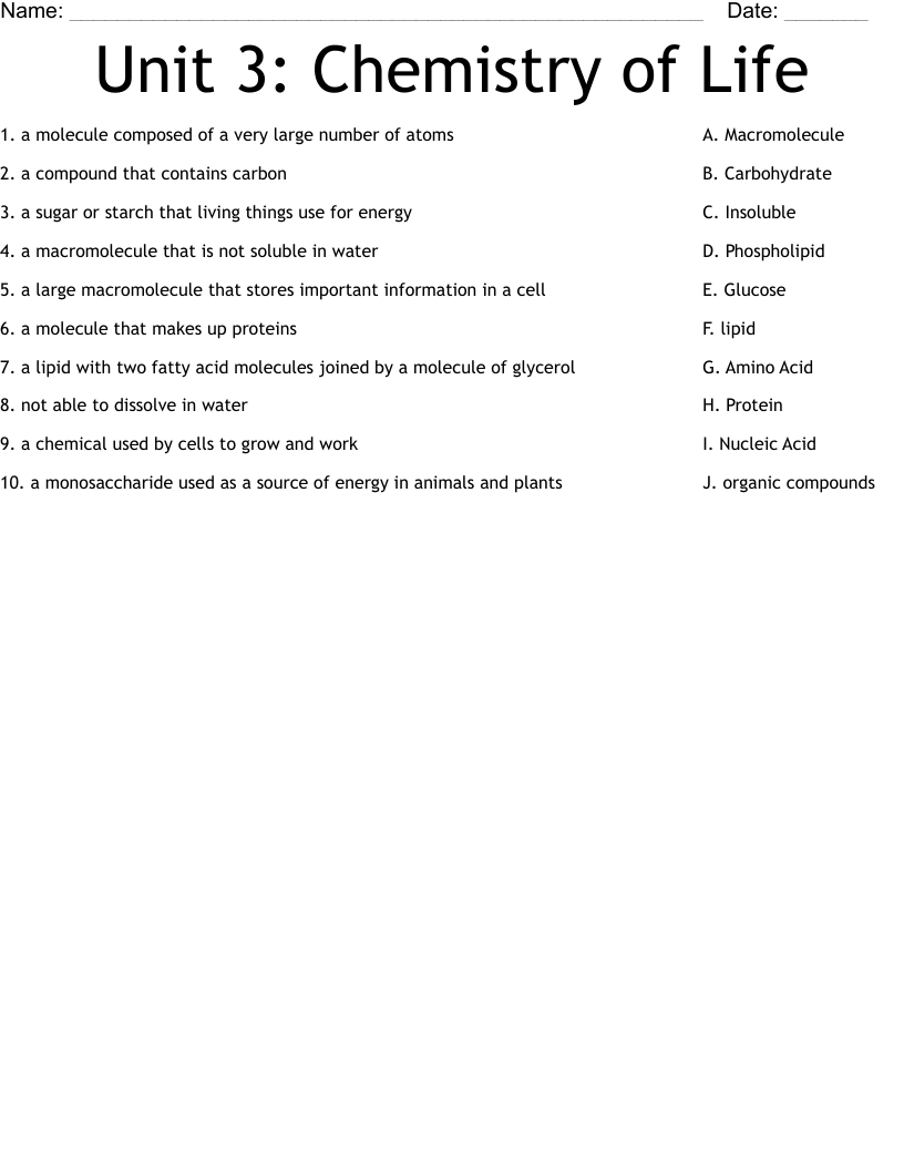 Unit 3: Chemistry of Life Worksheet