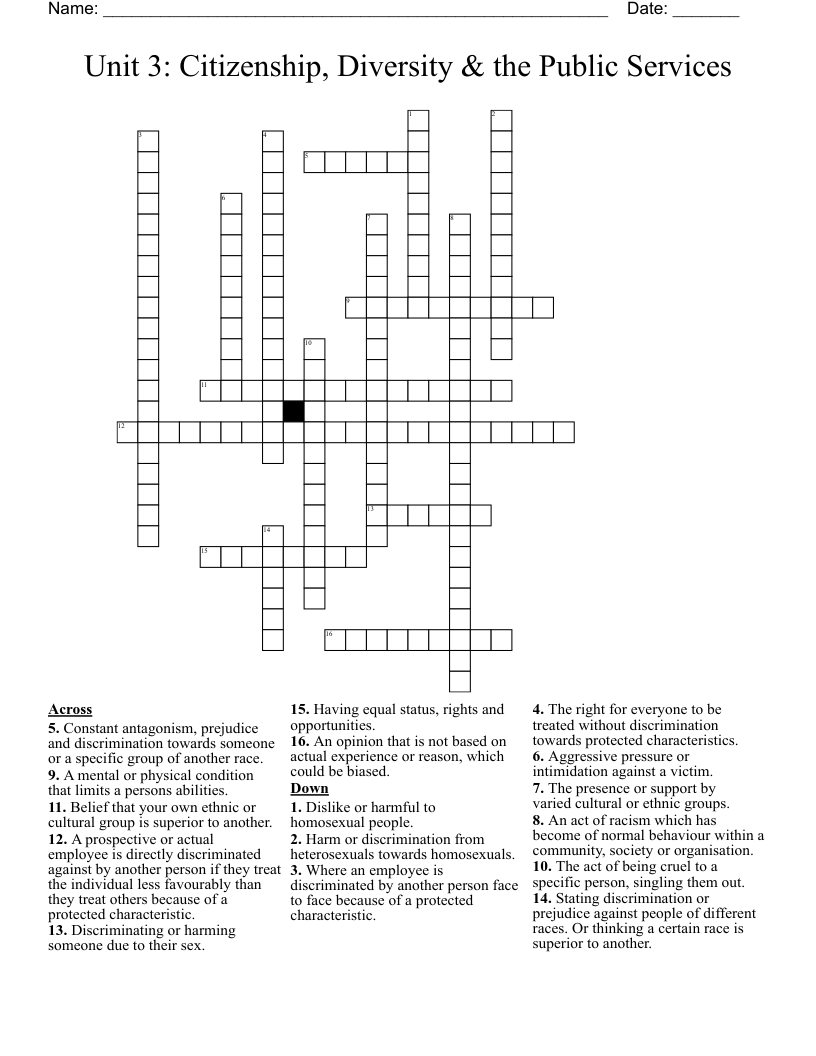 Unit 3: Citizenship, Diversity & the Public Services Crossword