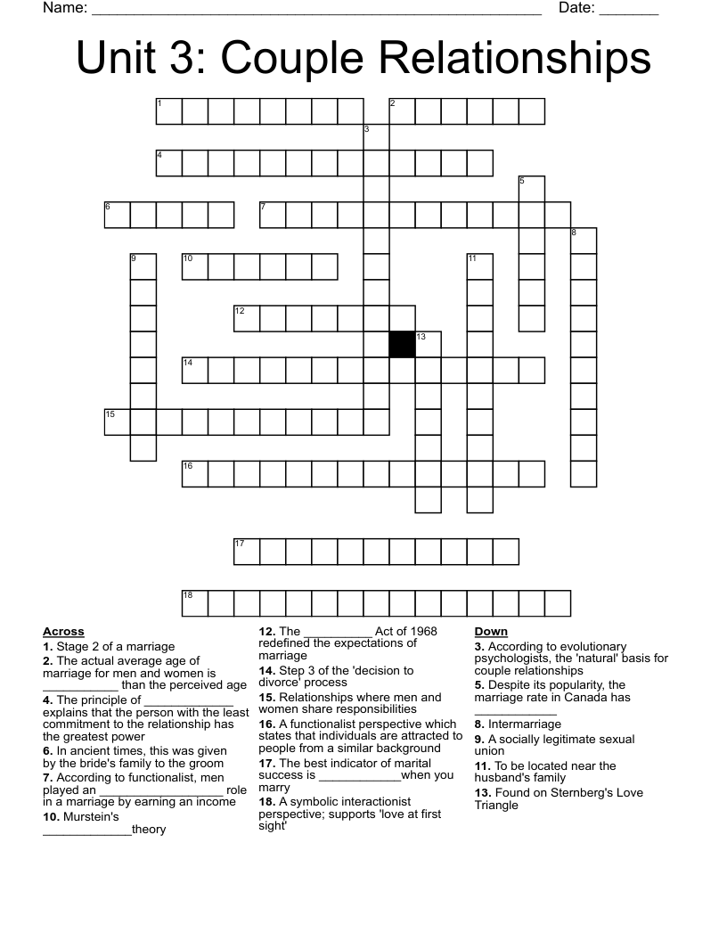 Unit 3: Couple Relationships Crossword