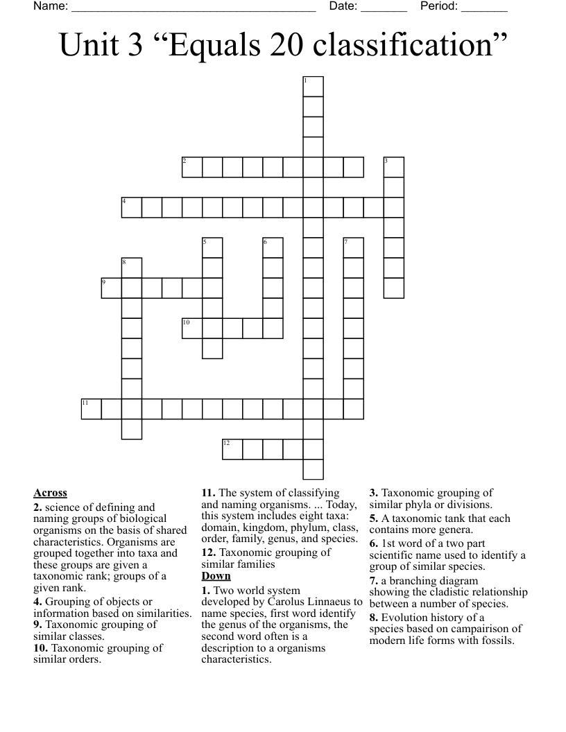 Unit 3 “Equals 20 classification” Crossword