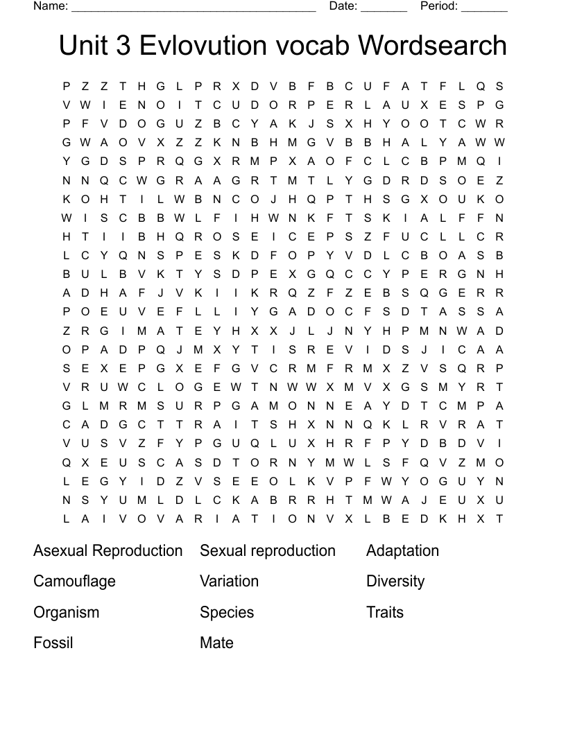 Unit 3 Evlovution vocab Wordsearch