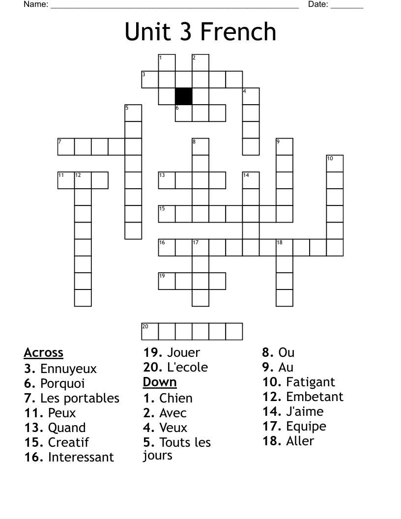 Unit 3 French Crossword