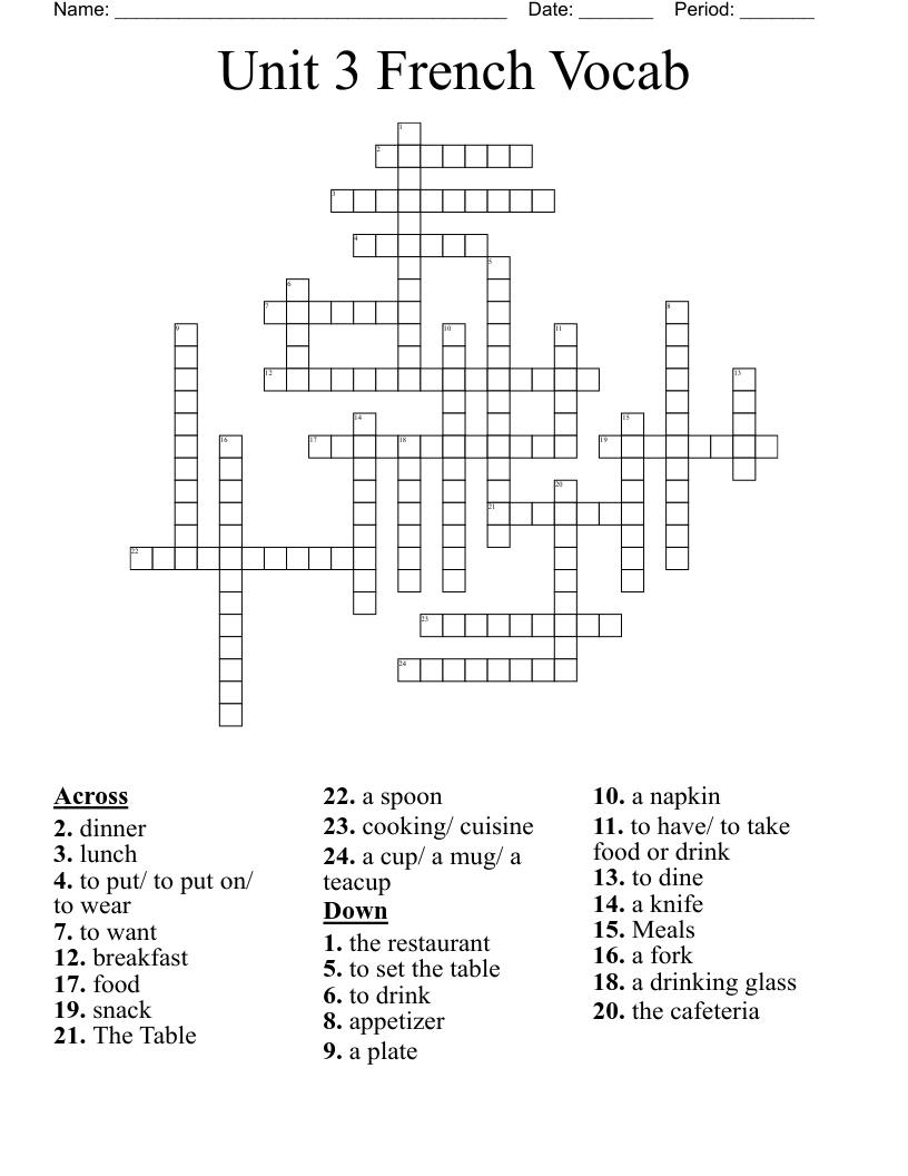 Unit 3 French Vocab Crossword