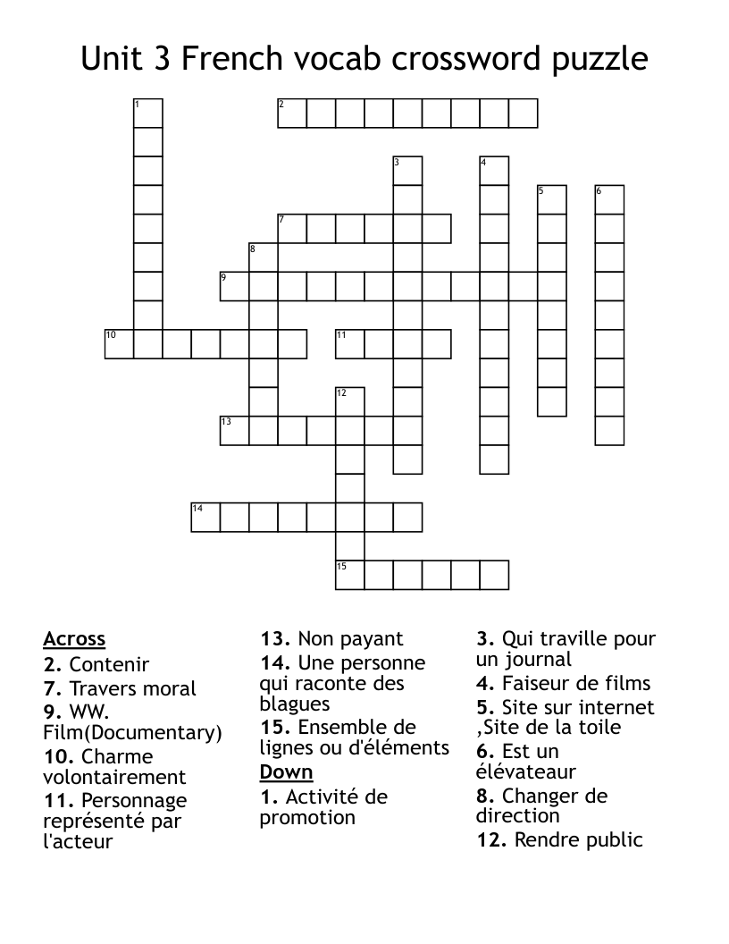 Unit 3 French vocab crossword puzzle 