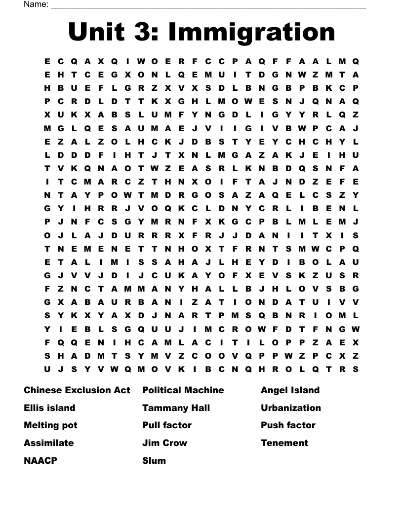 Unit 3: Immigration Word Search