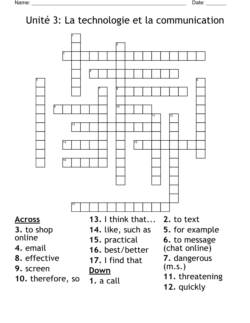Unité 3: La technologie et la communication Crossword