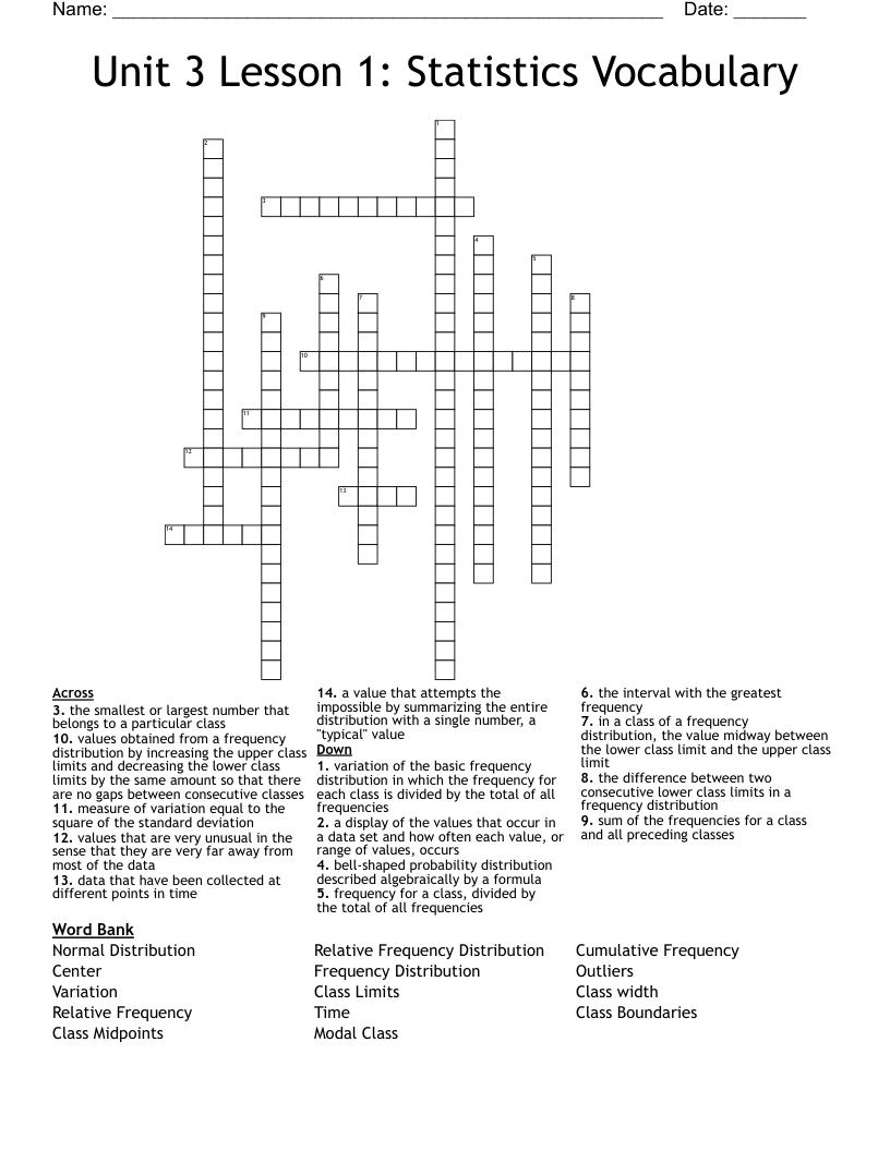 Unit 3 Lesson 1: Statistics Vocabulary Crossword