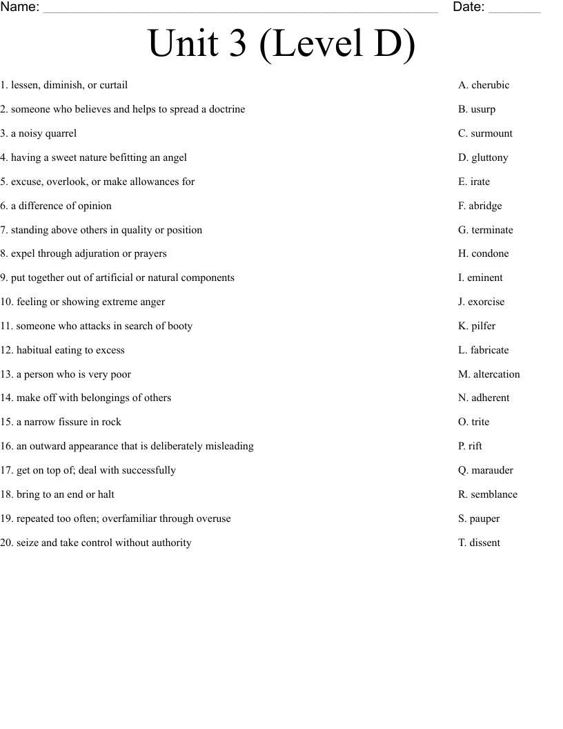 Unit 3 (Level D) Worksheet