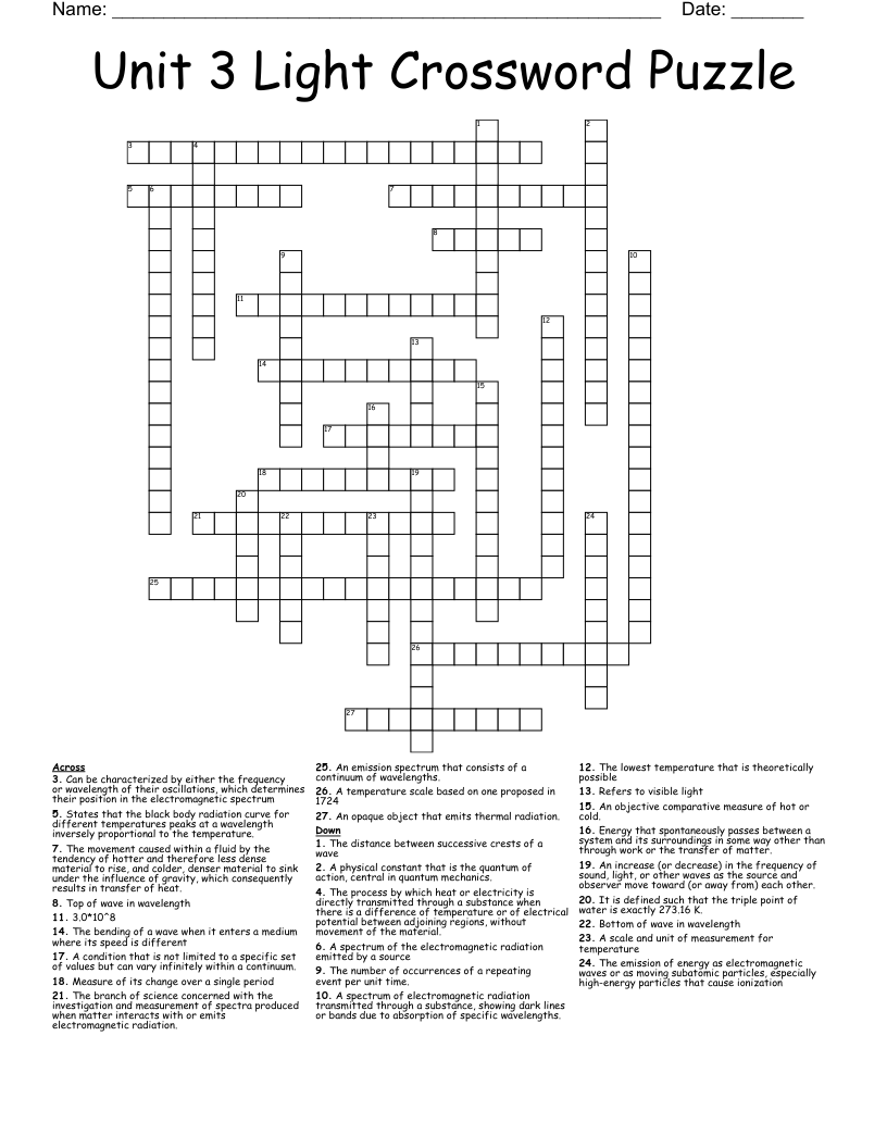 Unit 3 Light Crossword Puzzle