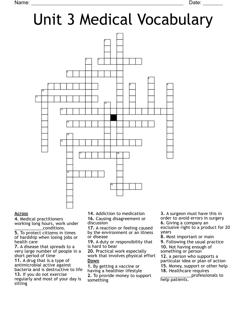 Unit 3 Medical Vocabulary Crossword