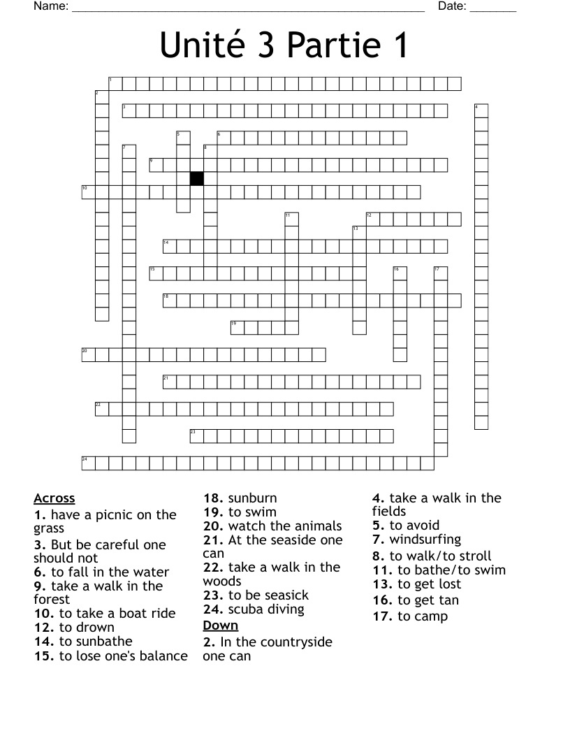 Unité 3 Partie 1 Crossword