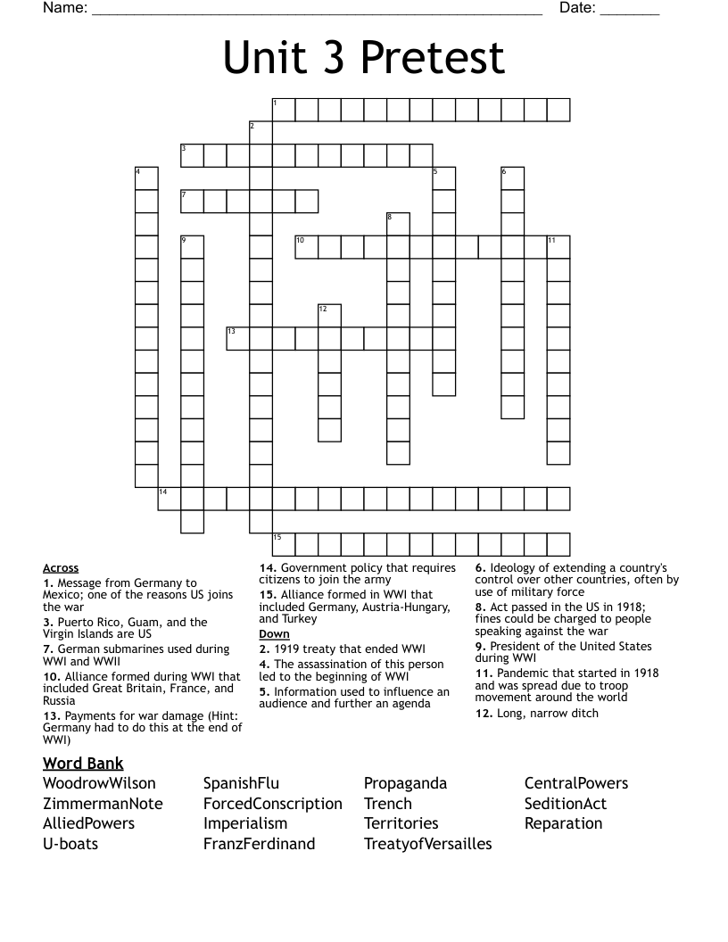 Unit 3 Pretest Crossword