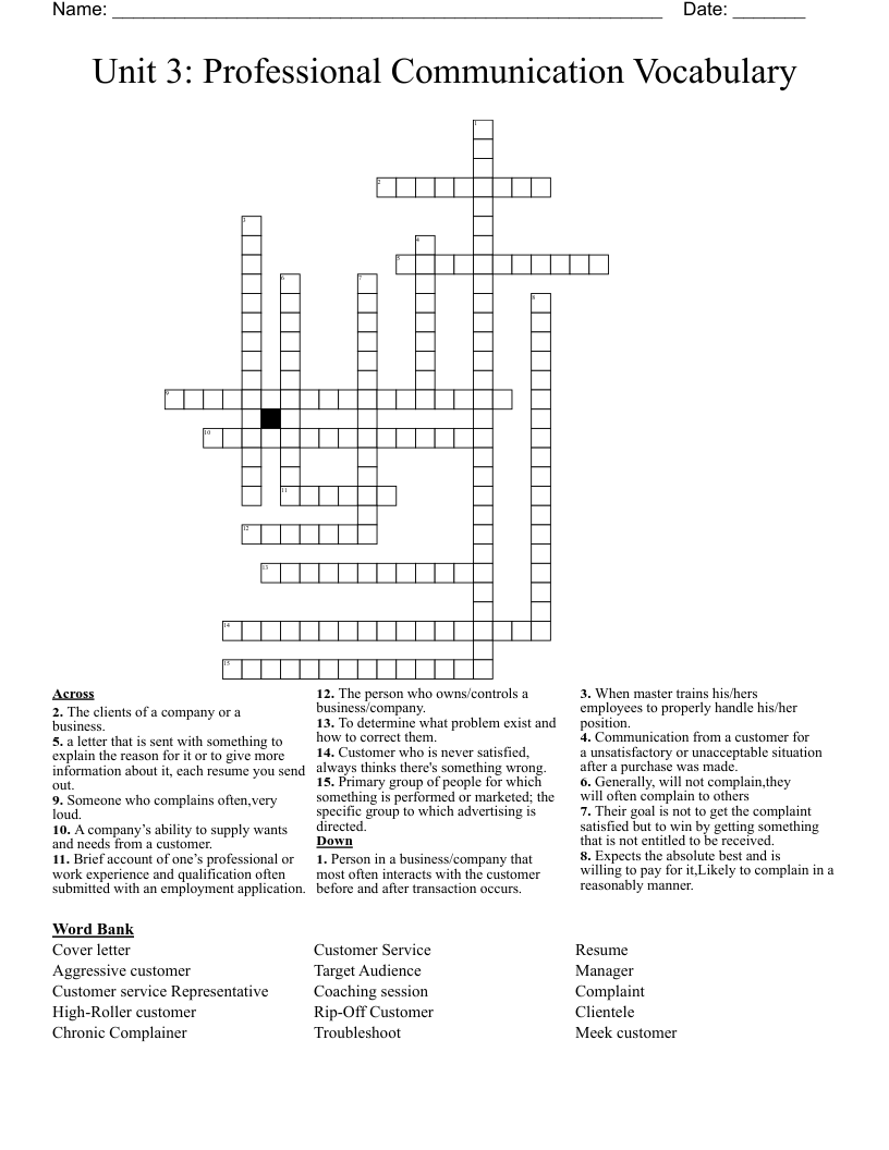Unit 3: Professional Communication Vocabulary Crossword