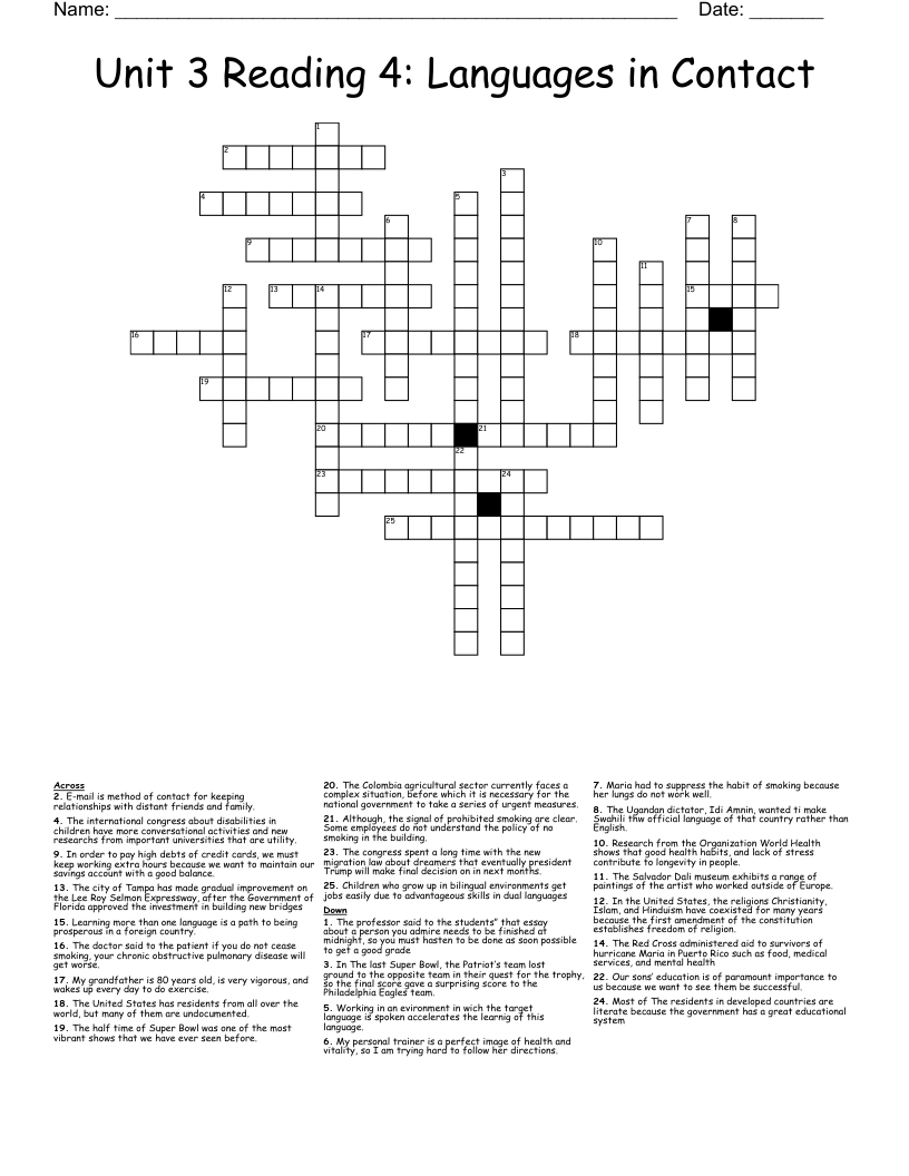 Unit 3 Reading 4: Languages in Contact Crossword