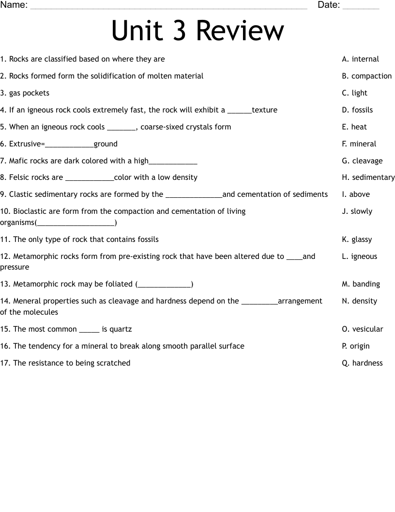 Unit 3 Review Worksheet