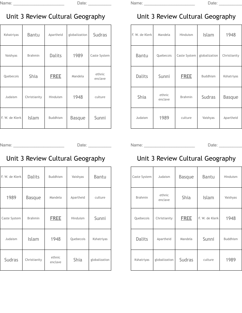 Unit 3 Review Cultural Geography Bingo Cards