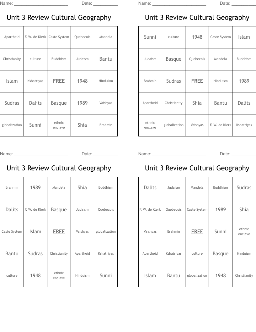 Unit 3 Review Cultural Geography Bingo Cards