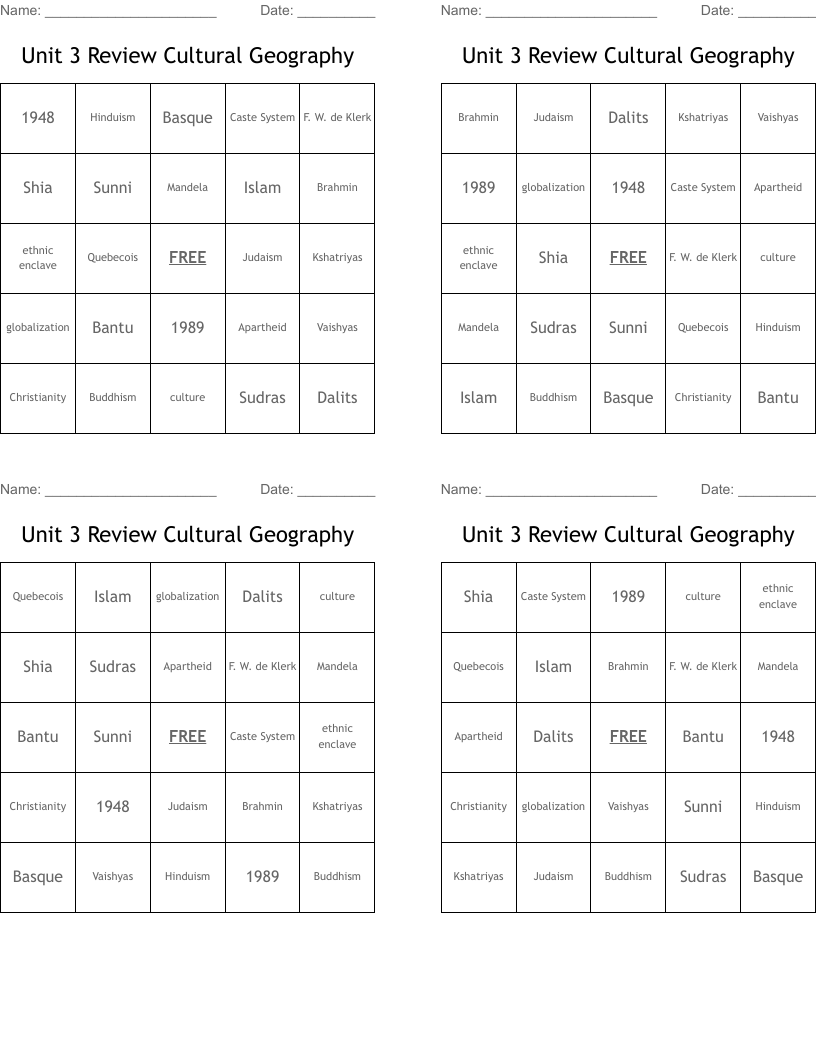 Unit 3 Review Cultural Geography Bingo Cards