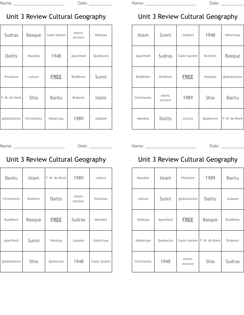 Unit 3 Review Cultural Geography Bingo Cards