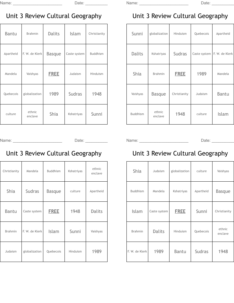 Unit 3 Review Cultural Geography Bingo Cards