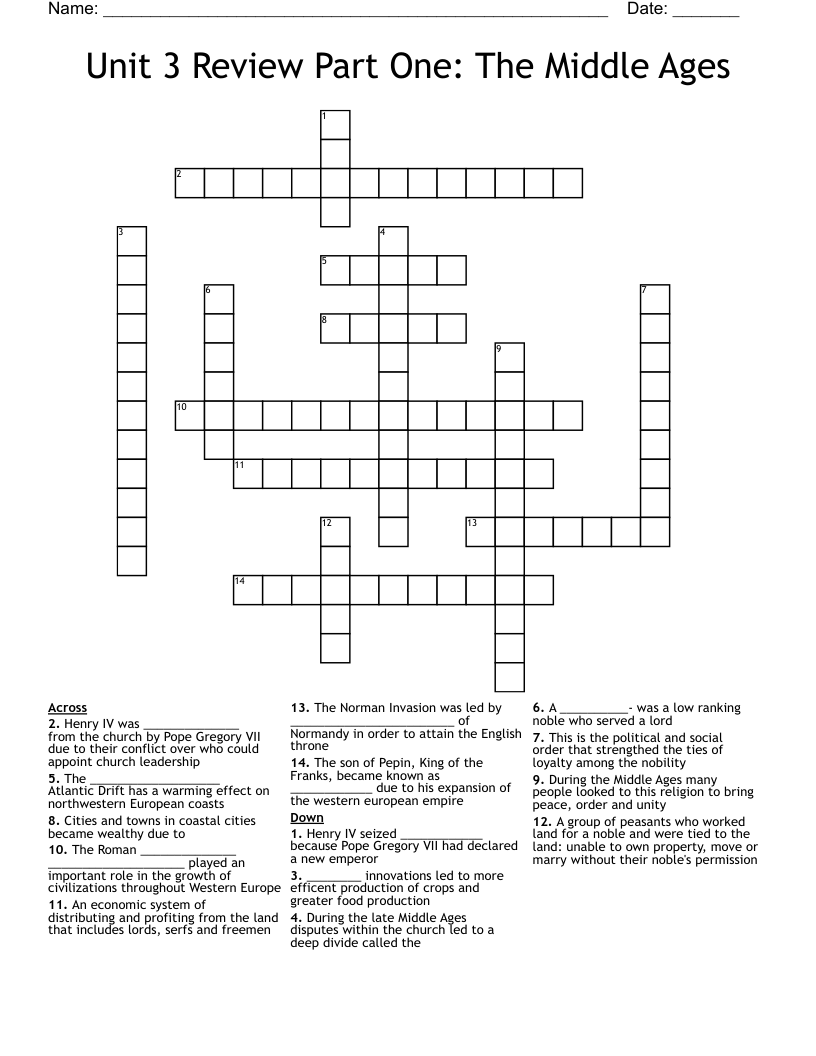 Unit 3 Review Part One: The Middle Ages Crossword