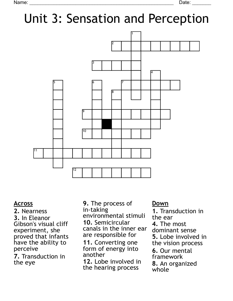 Unit 3: Sensation and Perception Crossword