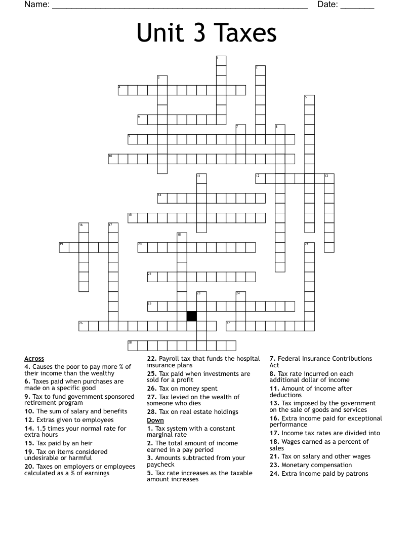 Unit 3 Taxes Crossword