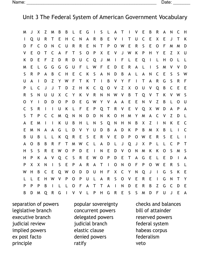 Unit 3 The Federal System of American Government  Vocabulary Word Search