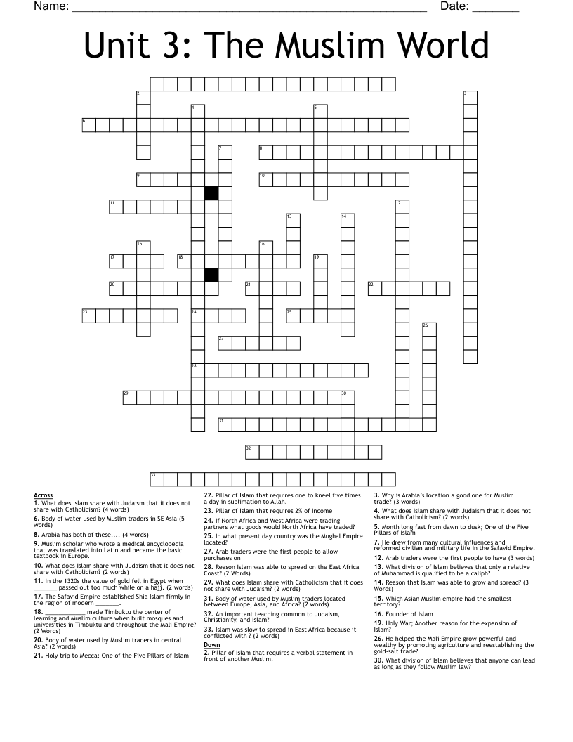 Unit 3: The Muslim World Crossword
