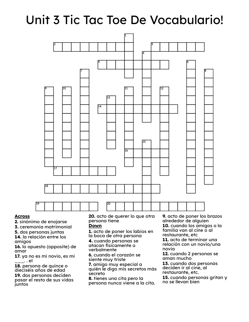 Unit 3 Tic Tac Toe De Vocabulario! Crossword