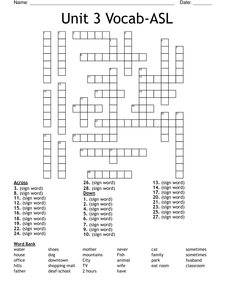 Unit 3 Vocab-ASL Crossword