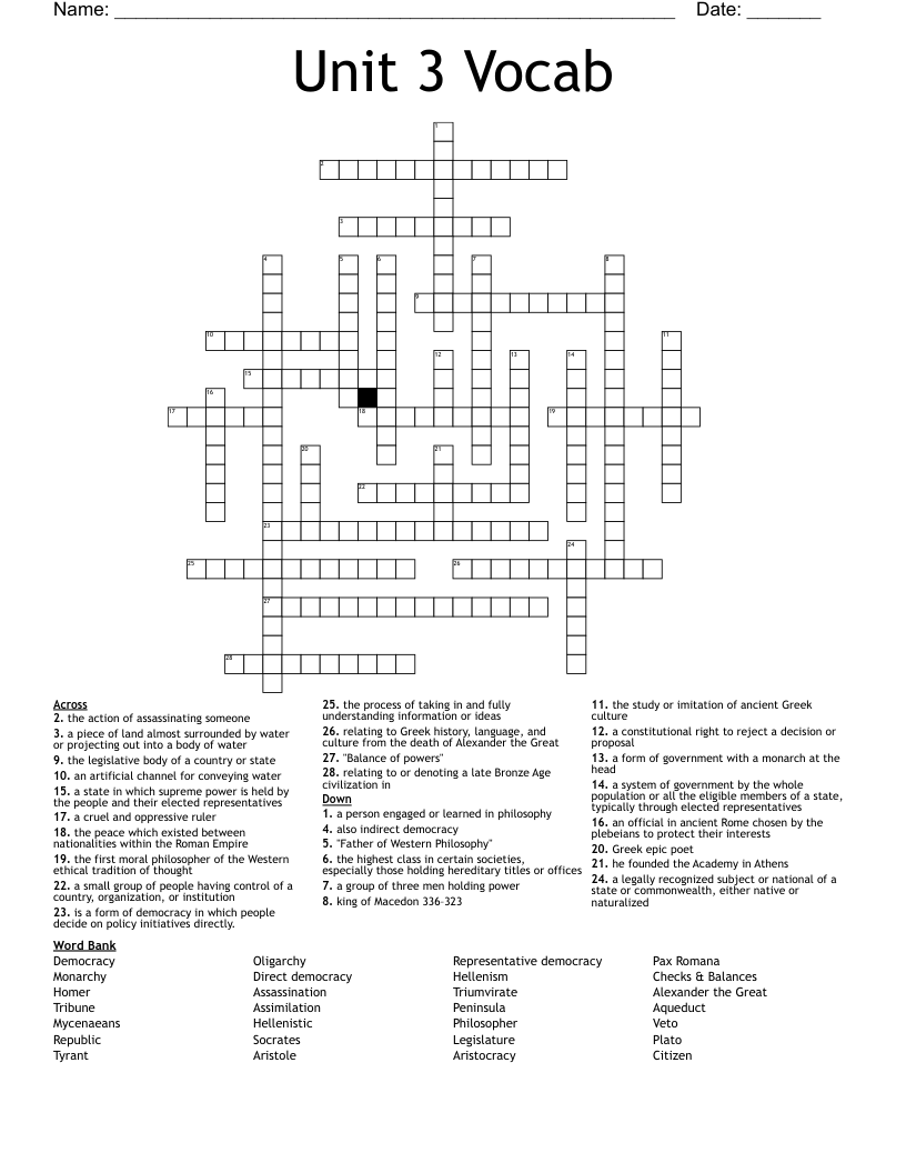 Unit 3 Vocab Crossword