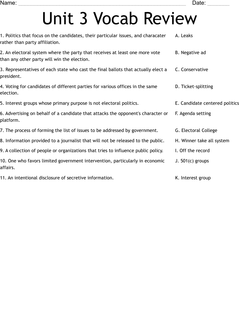Unit 3 Vocab Review Worksheet