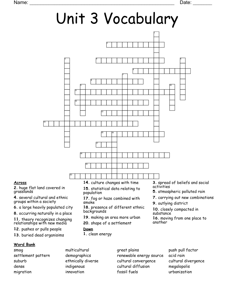 Unit 3 Vocabulary Crossword