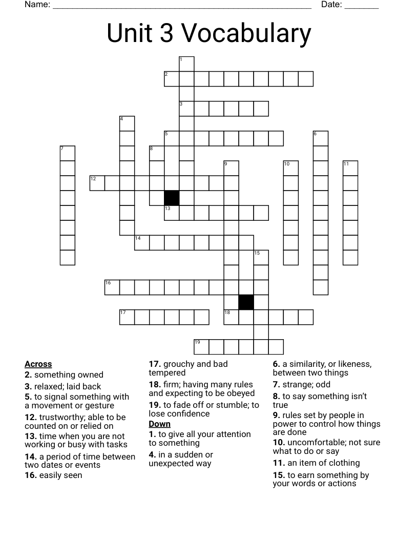 Unit 3 Vocabulary Crossword